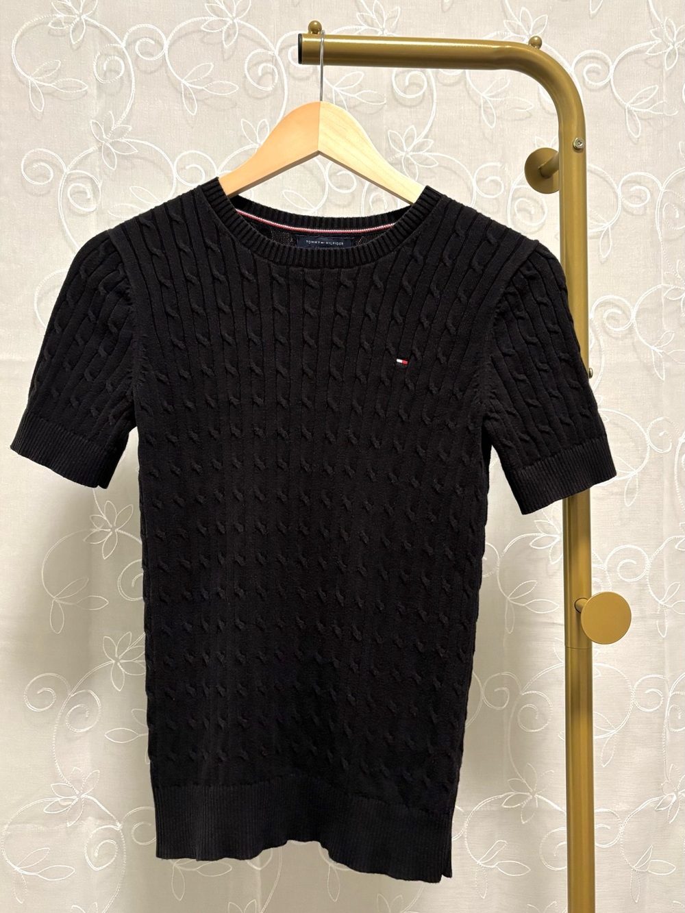 Tommy Hilfiger Dark Navy Short-Sleeve Cable Knit Crewneck Sweater Size XS
